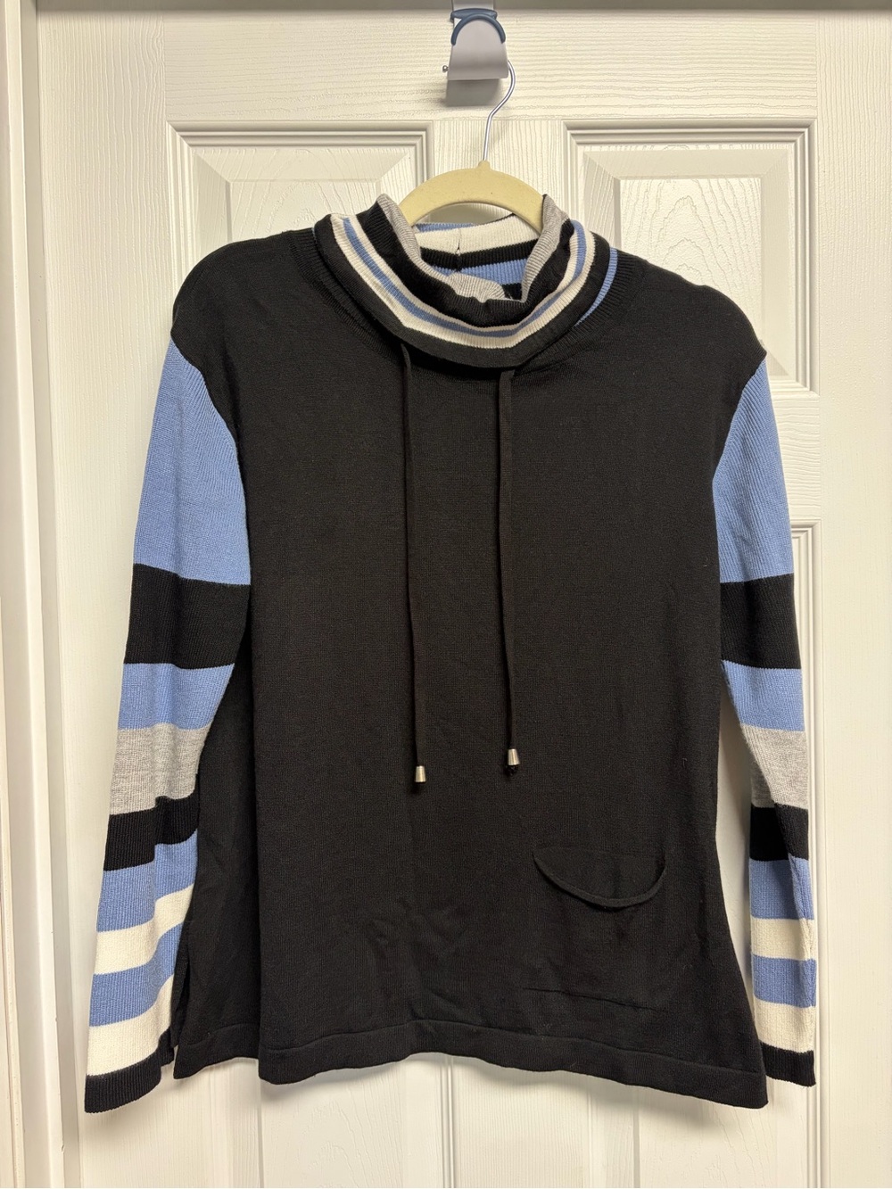 French Kyss Pullover Sweater with Periwinkle and White Stripe Sleeves